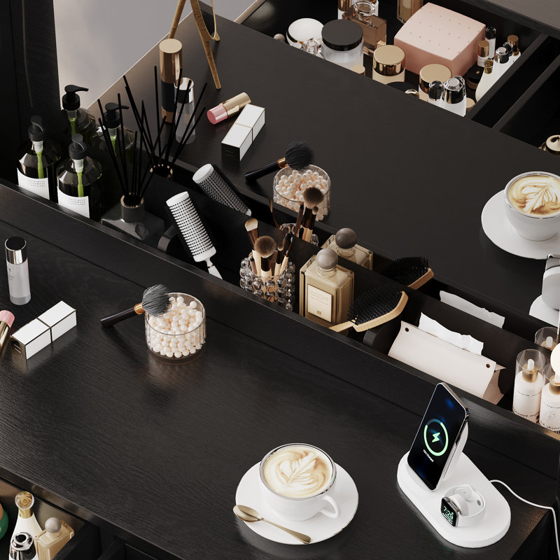 35" LED Makeup Vanity Set with Mirror, USB Charging Station, 5 Drawers Storage, Black Vanity Desk with Stool for Bedroom