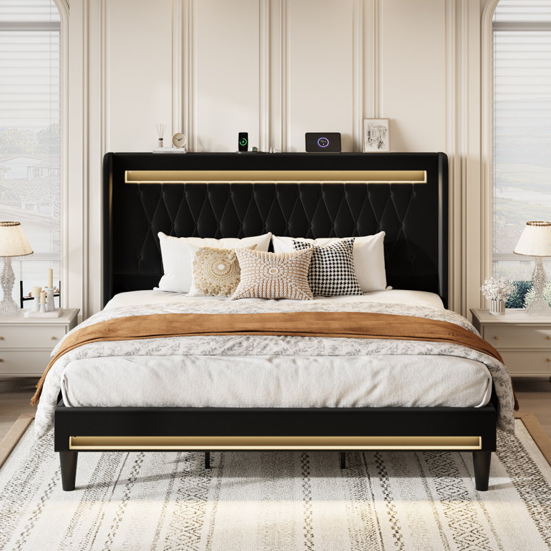Modern Diamond-Tufted Upholstered Bed Frame With RGB LED Lights, USB Charging Ports & Wingback Headboard, Black, King