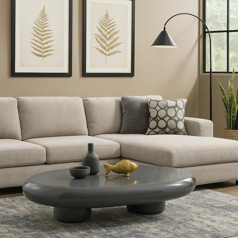 Table basse Fory, plateau ovale de 46 pouces avec base basse en métal, gris ultrabrillant