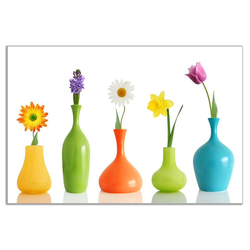 Fresh Look Spring Colorful Flowers In Vases On White - Wrapped Canvas Print, 91cm H x 61cm W