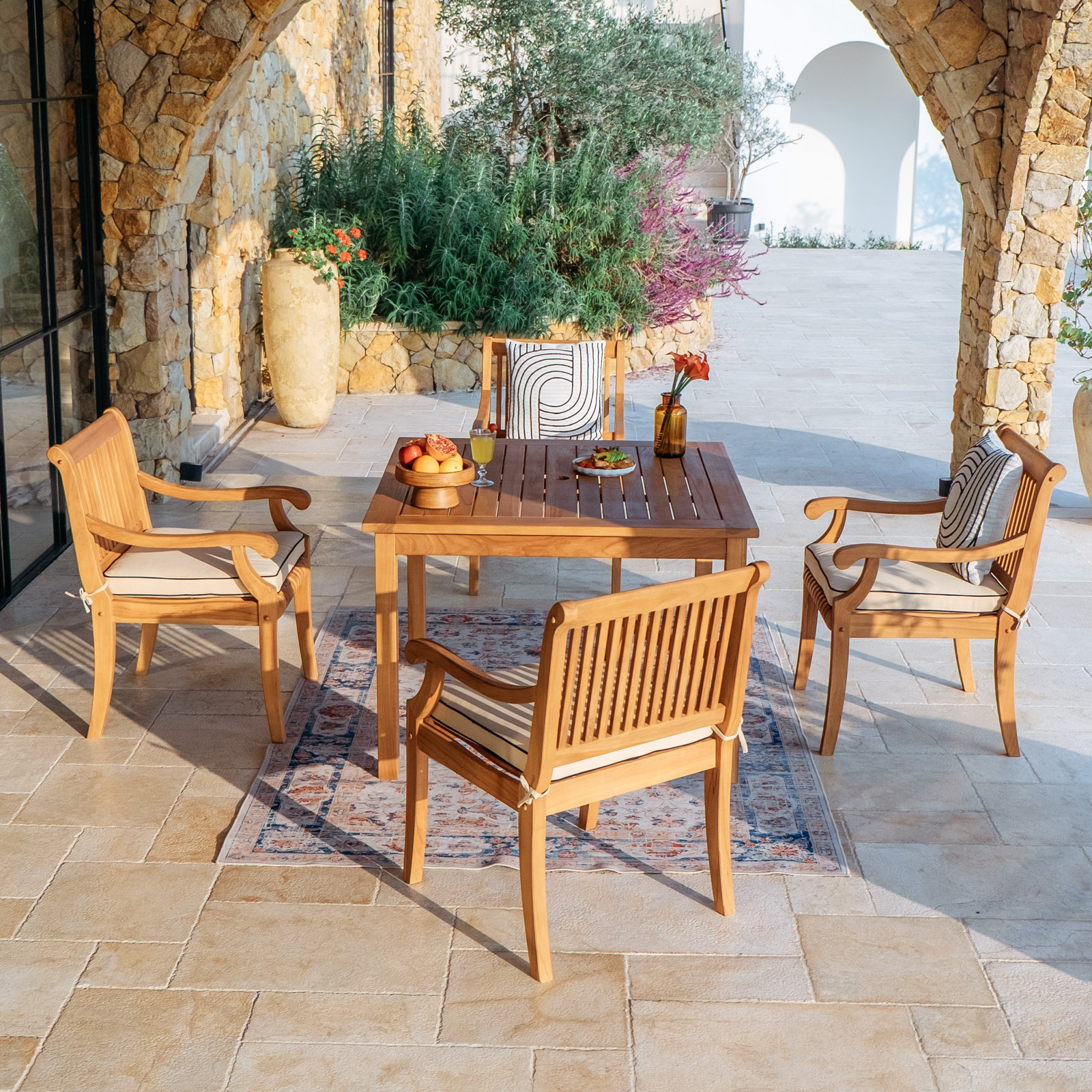Chanson 42" Patio Dining Set, Taupe with Black Piping, Natural Wood