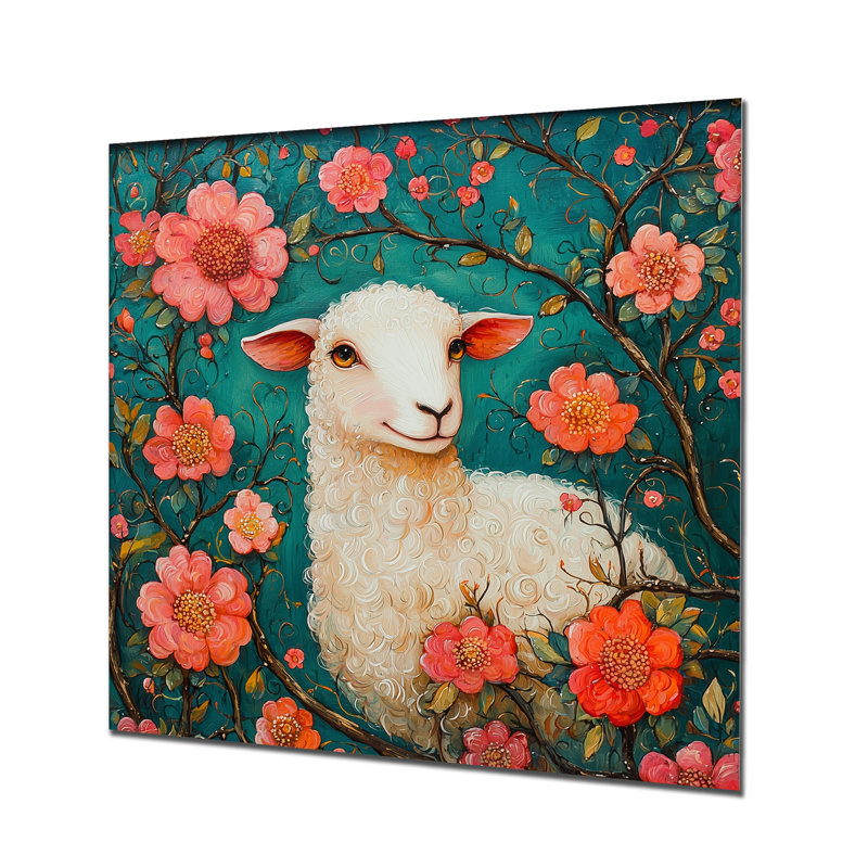 Cute Sheep In Bloom - Modern Metal Art Print, Sheep Metal Wall Art, 16" H x 16" W