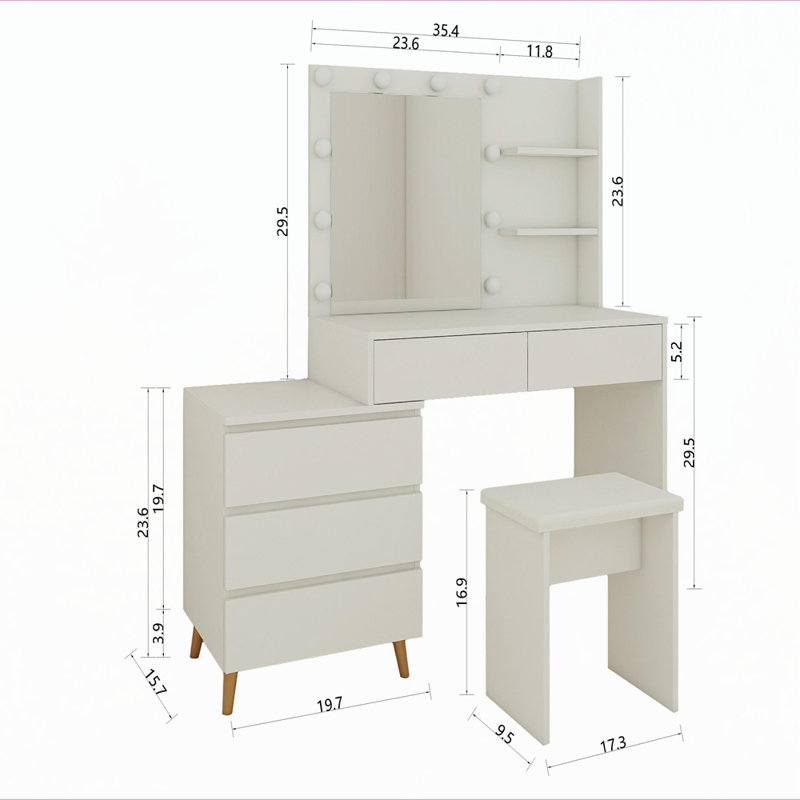 Coiffeuse avec miroir à DEL et coiffeuse de beauté blanche avec tiroirs de rangement, tabouret assorti et compartiments de rangement pour les pinceaux de maquillage et les cosmétiques