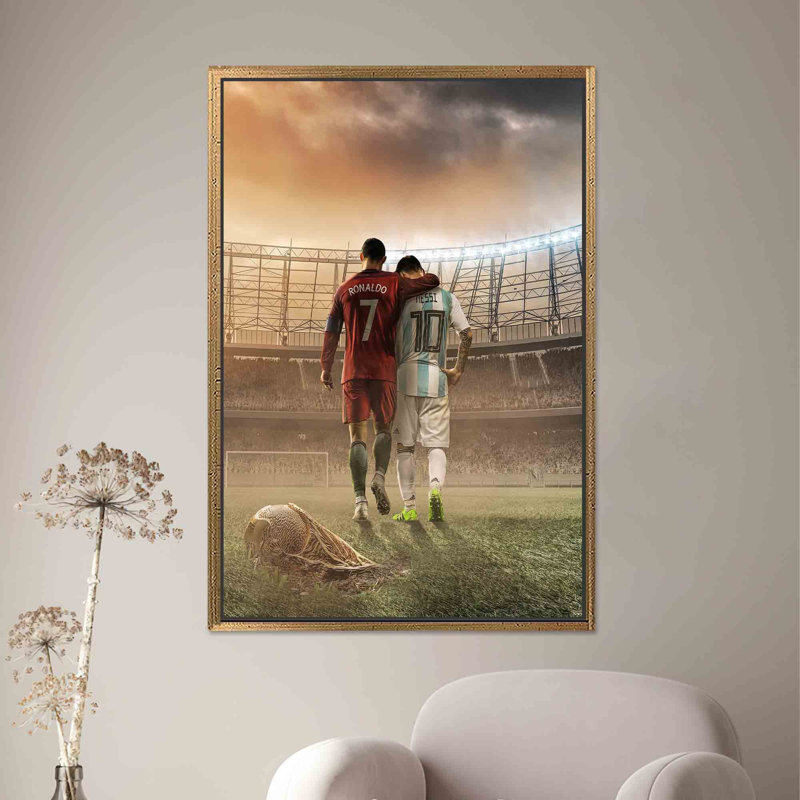 Art mural moderne de football: toile imprimée Messi et Ronaldo, toiles encadrées or 1P, H: 27,6 po x l: 19,8 po