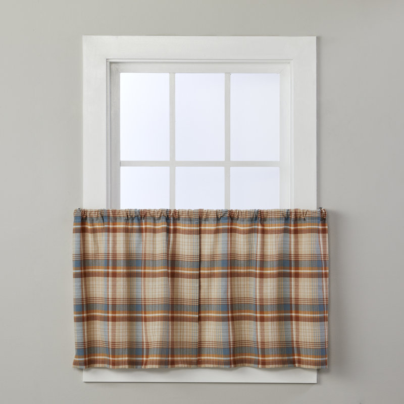 Amber Plaid Gray and Blue Cotton Polyester Window Tier Curtains