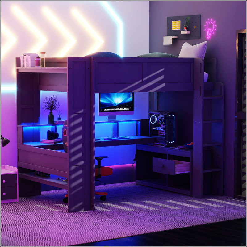 Lit mezzanine double en bois avec bureau, Double