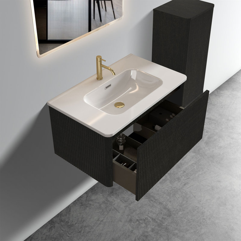 U057-Etna30w-308 Etna Striped Floating Bathroom Vanity With Ceramic Sink, Black, 30"
