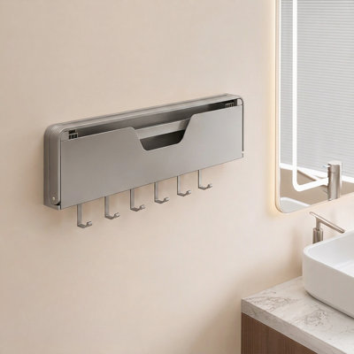 Porte-serviettes mural pliable avec étendoir rétractable dissimulé, sans perçage, en acier au carbone, pour salle de bain et balcon. Organisateur de cintres à vêtements.