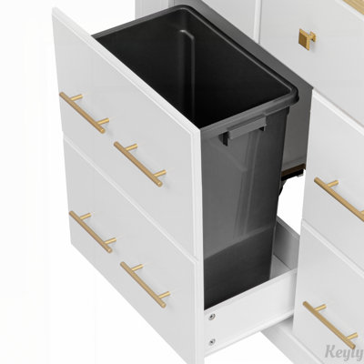 Kitchen Island with 6 Drawers, Pull Out Trash Can Storage, Rolling Kitchen Island on 5 Wheels with Drop Leaf, Power Outlet, 5 Open Side Racks for Kitchen, Dining Room, White