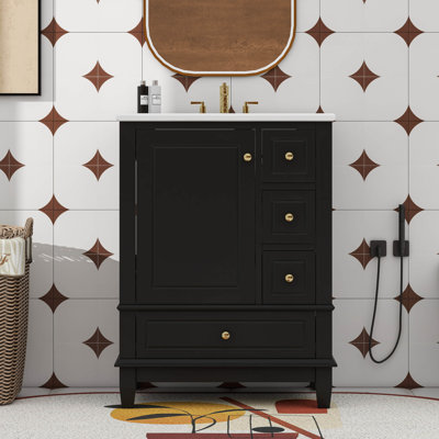 24" Bathroom Vanities Cabinet With Ceramic Sink Set Combo, Shelf, Three Drawers