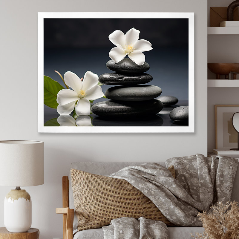 «Zen Black River Stone Blooming Magnolias», reproduction sur toile Lily, H 16 po x l 32 po x P 1 po, Cadre simple blanc