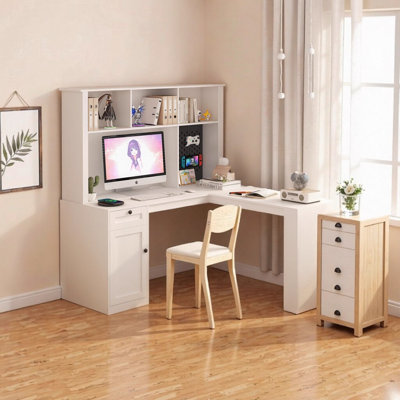 Bureau d'ordinateur en L avec prise de courant et ports USB, bureau d'angle moderne de 59,44 po avec armoire de rangement et bibliothèque, bureau d'écriture de bureau à domicile, blanc