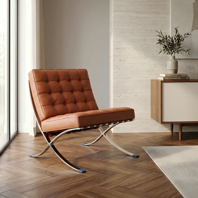 29.3" Wide Foldable Genuine Leather Lounge Chair, Modern Accent Chair with Stainless Steel Frame