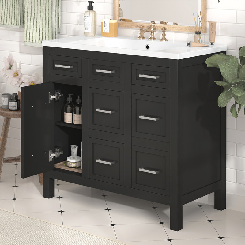 Meuble-lavabo simple 36,01 po avec plateau en bois massif Svante