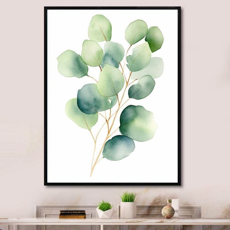 «White Green Minimalisme Eucalyptus Essence VII» sur toile, Cadre flottant noir, H 20 po x l 12 po x P 1,5 po