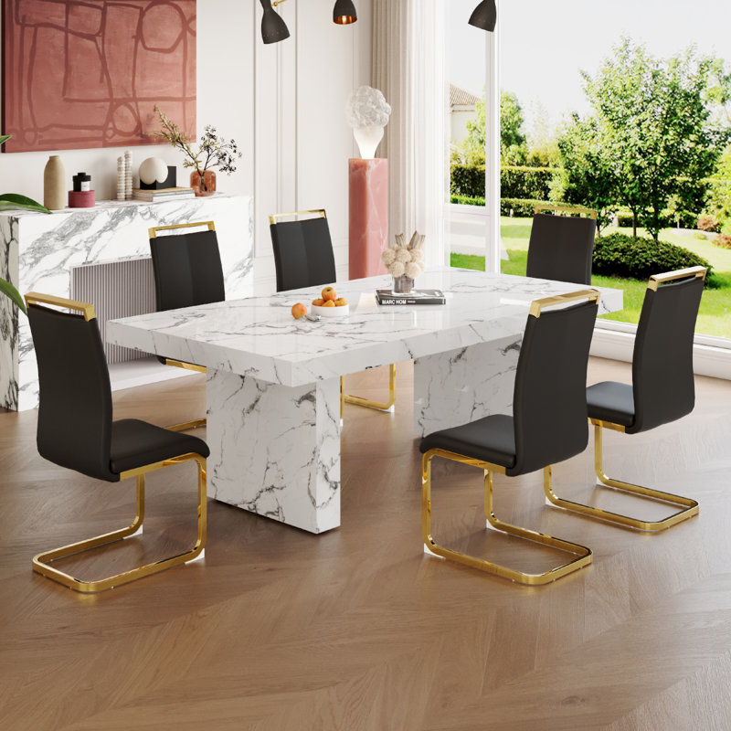 Wooden Dining Table Set for 6, 7 Pieces: Table, 6 Chairs, Black