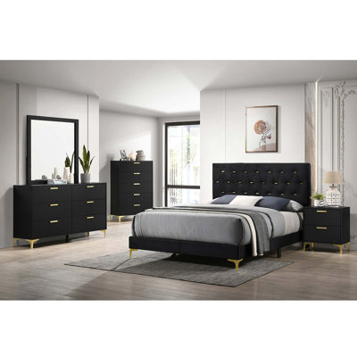 Lexie Black/Gold 5-Piece Tufted Panel California King Bedroom Set