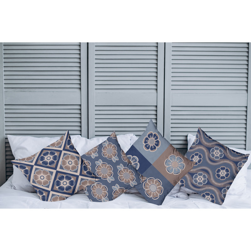 Abstract Reversible Pillow Cover, 16" x 16", Dark Ceil Blue And Tan