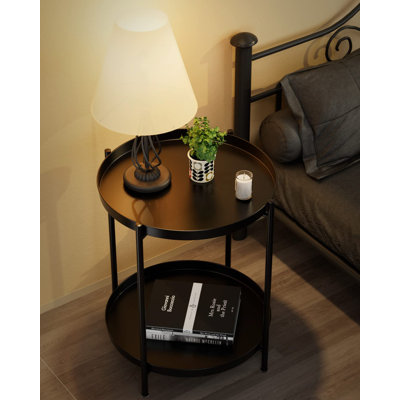 2-Tier Metal End Table With Removable Tray, Waterproof Side Table For Indoor & Outdoor Use, Small Sofa Coffee Table For Living Room, Bedroom, Balcony, Office & Patio.black