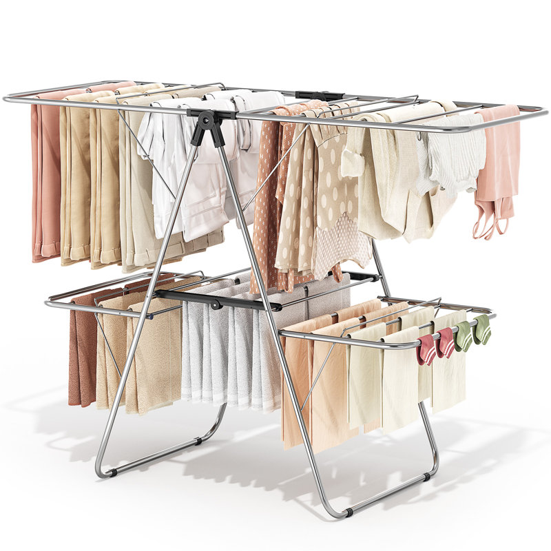 Clothes Drying Rack with 4 Wings, Drying Rack Clothing with Height-Adjustable, Foldable Gullwings Laundry Drying Rack, Black