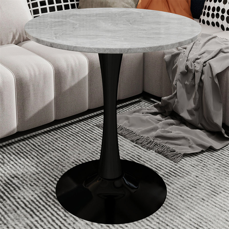 Marble-Top Round Side Table With Tapered Pedestal Base (Table Only), Light Gray, Black