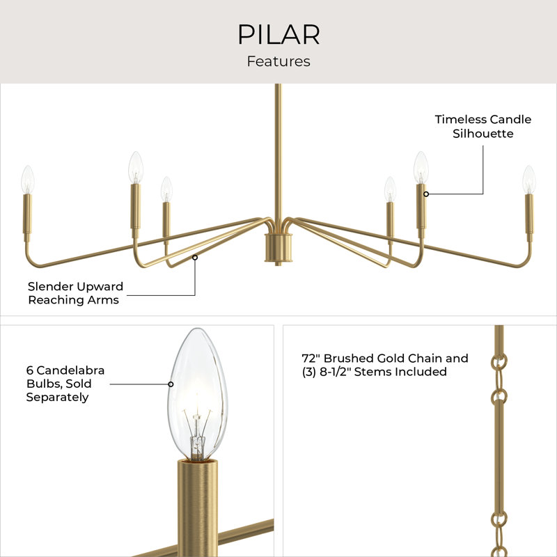 Pilar Extra-Large Brushed Gold 6-Light Chandelier, Brushed Gold