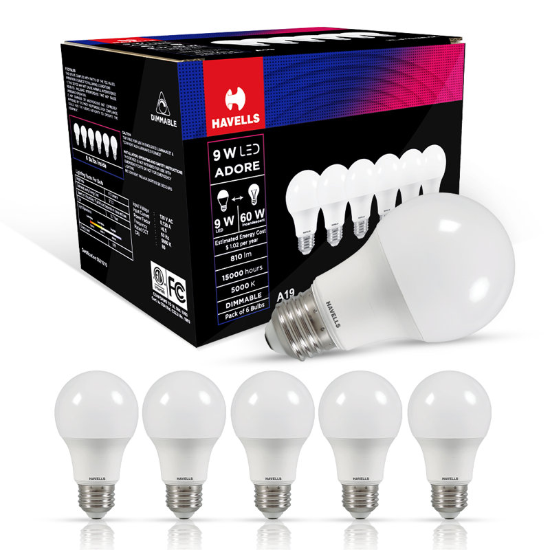 Ampoules DEL A19 à intensité variable Havells Adore, 9 W (équivalent à 60 W), 810 lumens, base E26, économie d'énergie, luminosité instantanée, durée de vie de 15 000 heures, blanc lumière du jour 5 000 K, ensemble économique 6