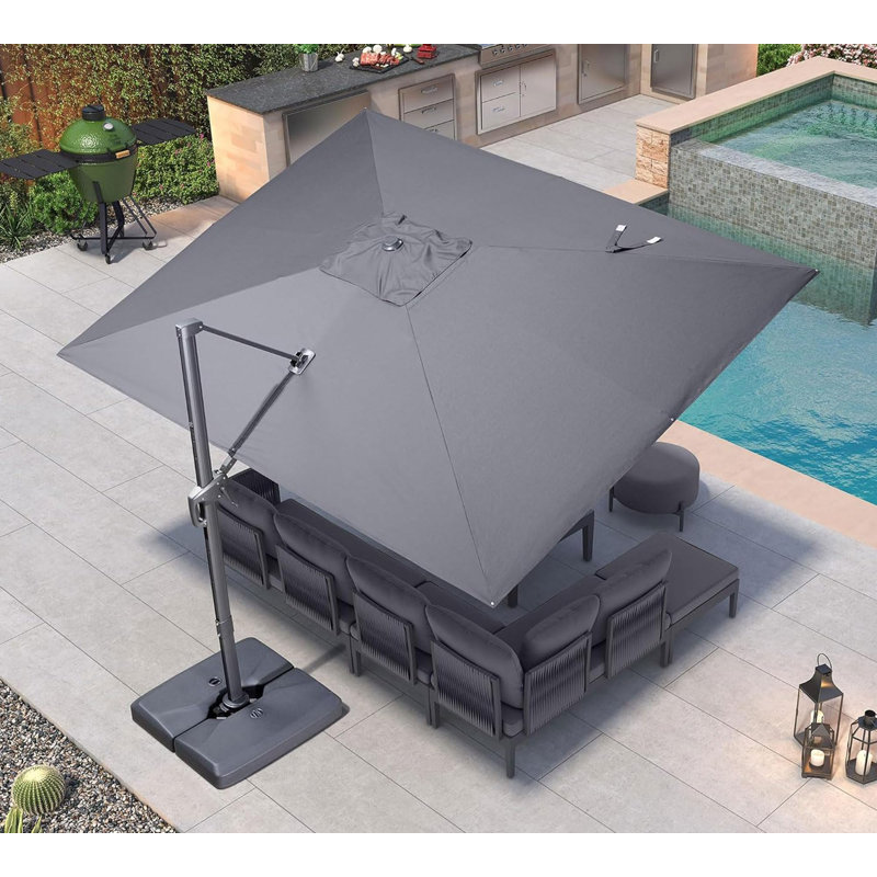 Parasol rectangulaire gris foncé en porte-à-faux 132 x 108 avec tissu recyclé résistant à la décoloration et rotation à 360 degrés