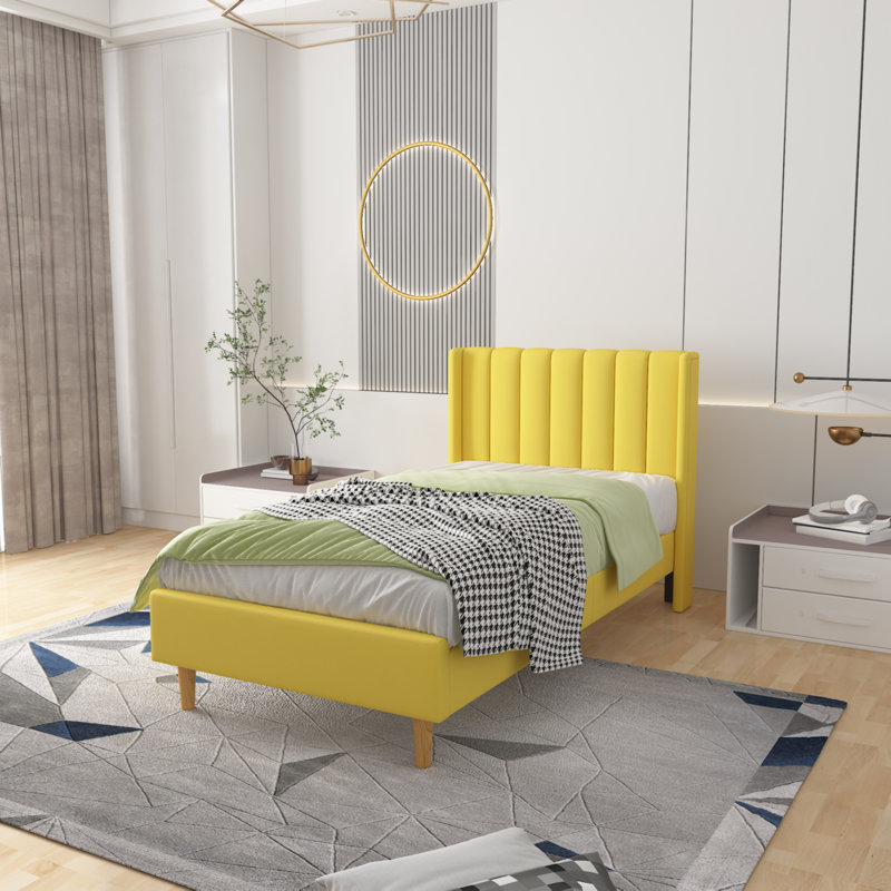 Base de lit tapissier avec tête de lit à oreilles Deeb, Simple, Lin jaune