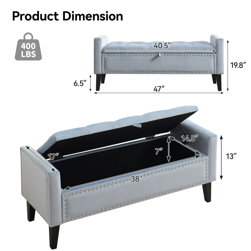 47" W Velvet Upholstered Flip Top Storage Bench, Blue Grey