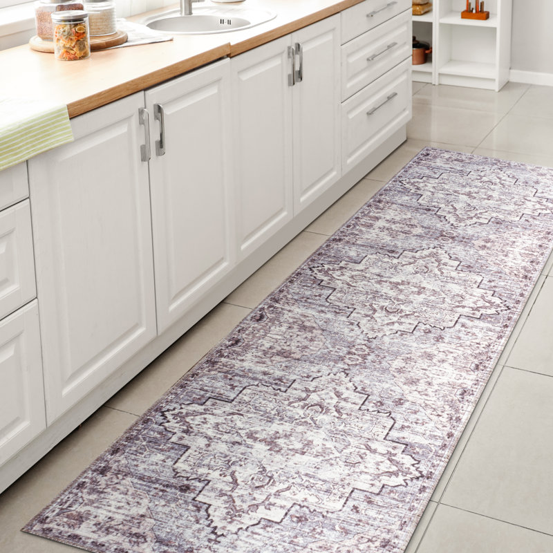 Didim Boho Medallion Machine-Washable Gray/Purple Rug, Runner 2' x 10'