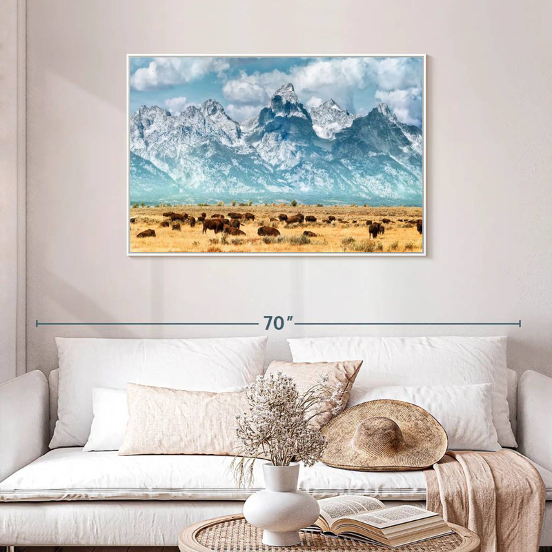 Troupeau de bisons à Grand Teton, Cadre flottant blanc, 43 po x 29 po