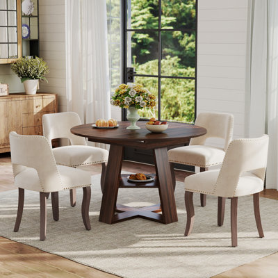 Table de salle à manger extensible ronde pour 4 à 6 personnes, table de salle à manger de style campagnard avec tablette de rangement et chaises de salle à manger rembourrées en tissu