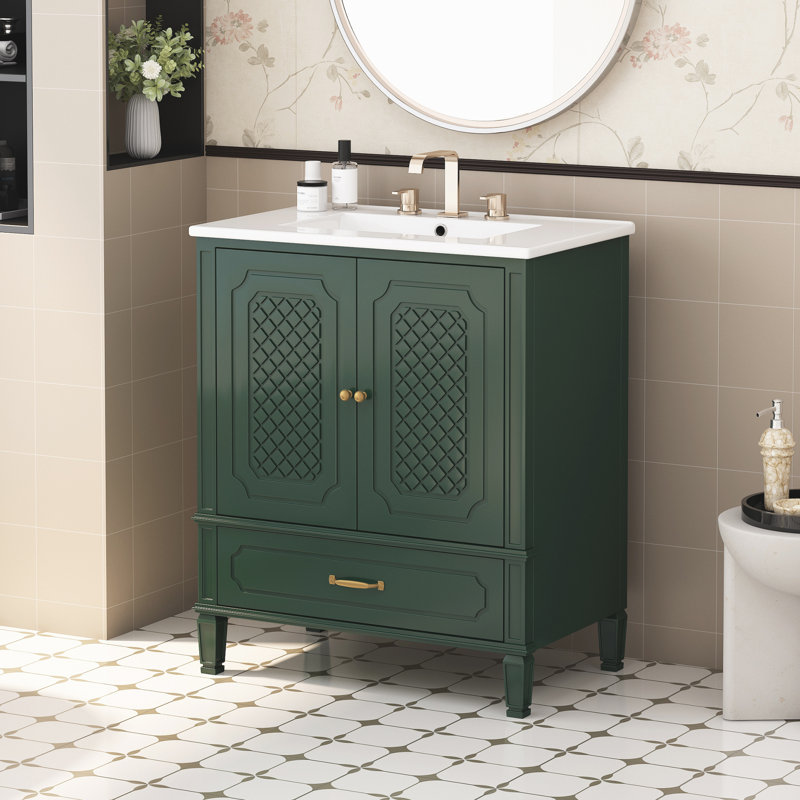 Meuble-lavabo multifonctionnel avec porte et tablette, Vert foncé, Doré