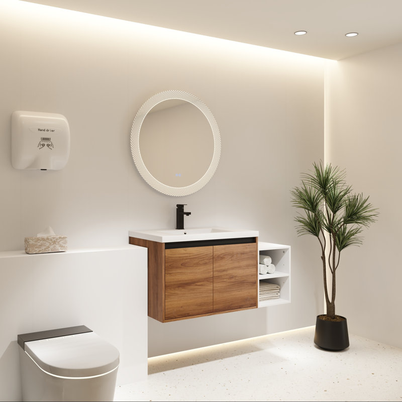 Meuble-lavabo mural avec lavabo en résine, une tablette et deux portes à fermeture en douceur, 42"