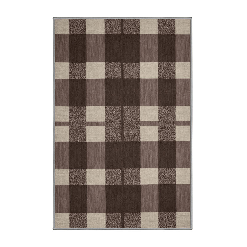 Tapis gris à carreaux lavable à la machine, Rectangle 7 pi x 9 pi