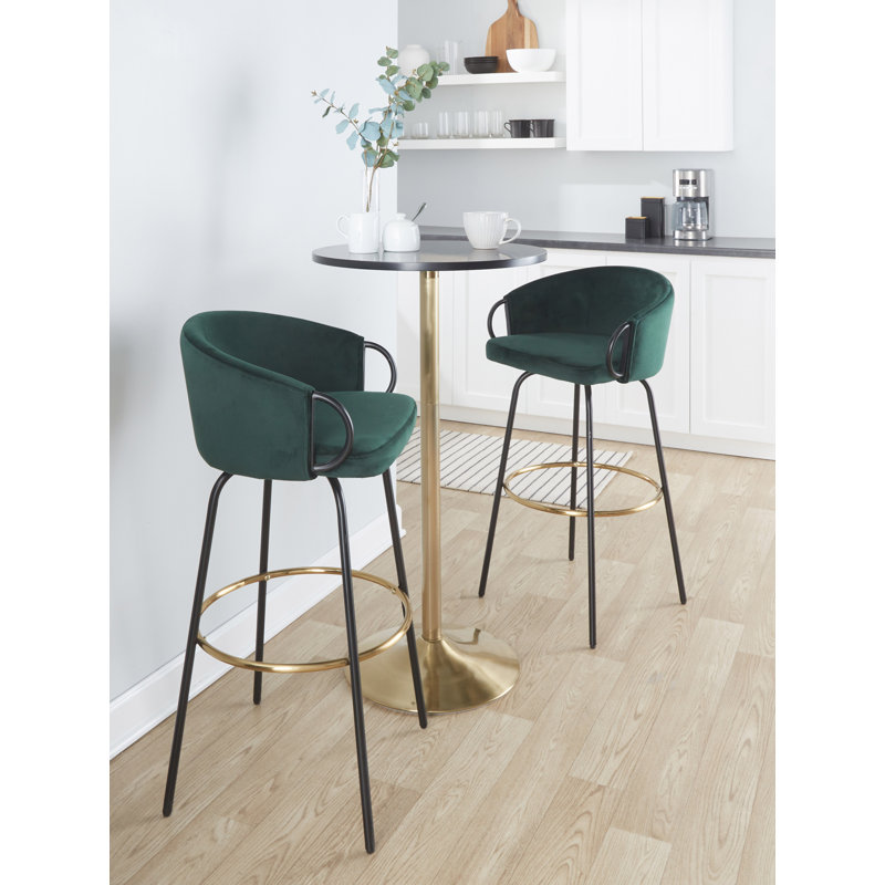 Tabourets de bar à hauteur fixe de 30 po Josie avec pieds en métal noir et repose-pieds doré, Vert émeraude