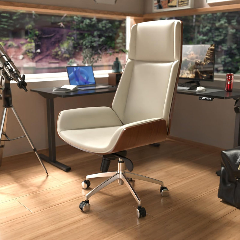 Fauteuil de direction luxueux en cuir polyuréthane - Fauteuil de bureau pivotant en bois réglable à haut dossier pour la maison ou la salle de conférence