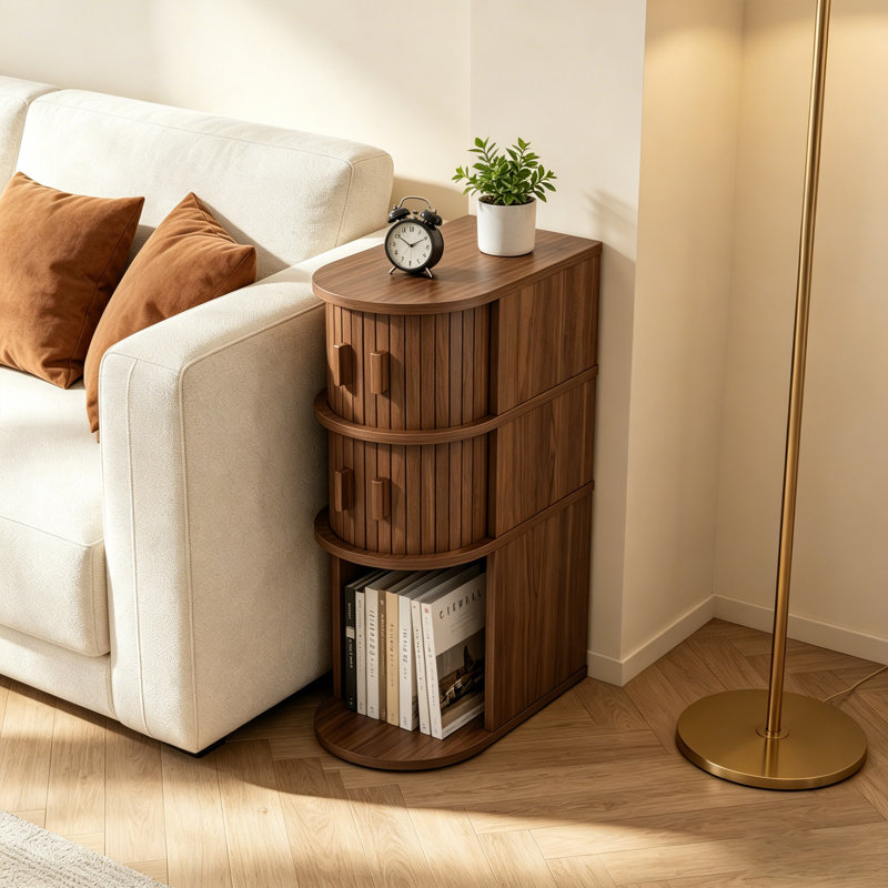 3-Tier Fluted Narrow Nightstand With 2 Arced Door & Open Shelf, Walnut