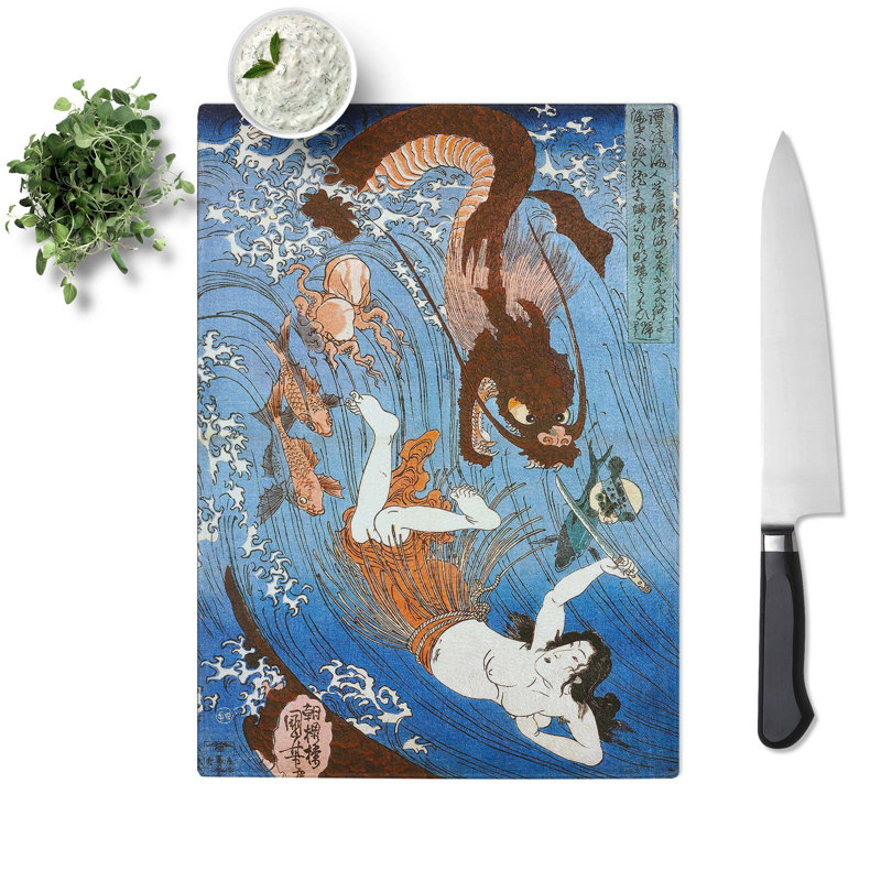 Tempered Glass Tamatori Escaping from the Dragon King by Utagawa Kuniyoshi Chopping Board, 20cm W x 28.5cm L