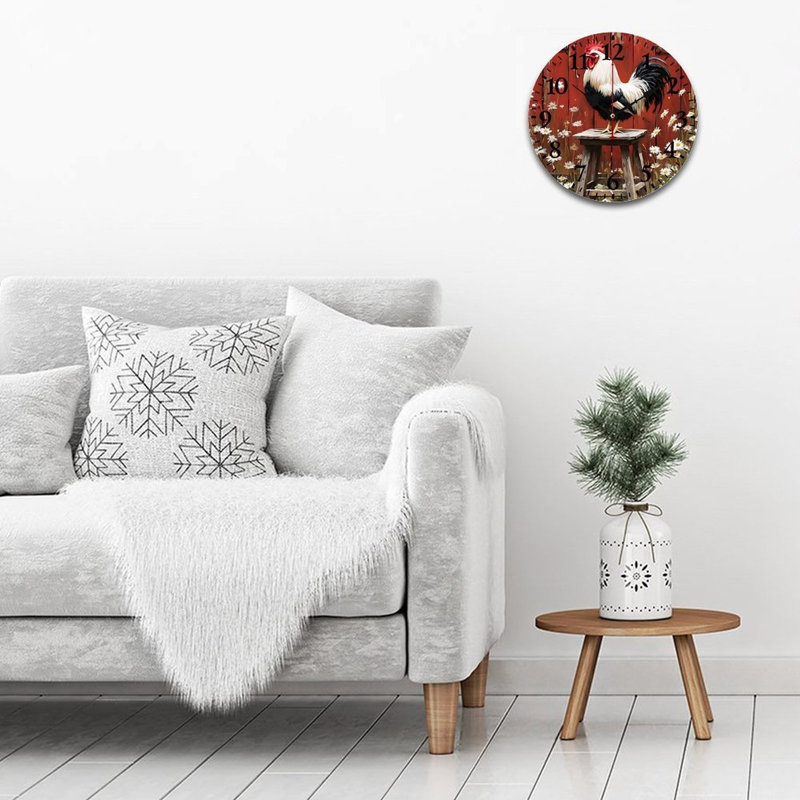 Horloge murale rouge, coq de ferme, 12 po x 12 po