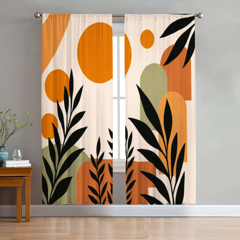 2Pcs Abstract Geometric Black Leaves Print Curtains, Bohemian Style Rod Pocket Window Drapes, Warm Color Sunscreen For Living Room Bedroom Kitchen Dining Home Decor Treatment