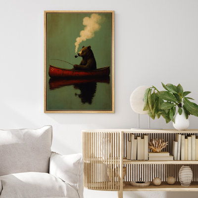 Vintage Style Bear Fishing in Red Canoe with Pipe - Pictures Framed Canvas Print Wall Art