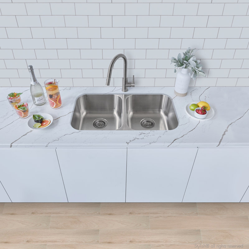 Canda Stylish Olivine Dual-Mount, Stainless Steel Double-Bowl Kitchen Sink, 18, 9" H x 18" W x 31.25" D