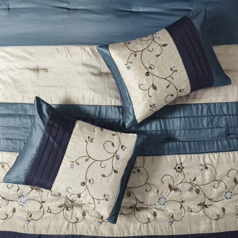 Édredon bleu marine 7 pièces - brodé, 2 taies décoratives, 3 coussins, jupe de lit, option fer à repasser, design élégant, facile à laver et