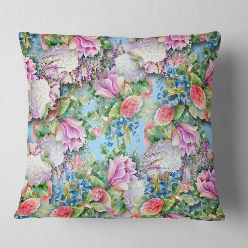 Motif de fleurs roses sur fond bleu - coussin à imprimé floral, 16 po x 1 po, Coussin décoratif