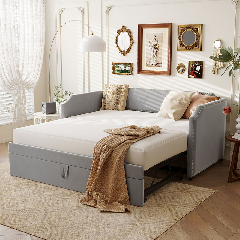 Twin Size Velvet Upholstered Daybed with Pop Up Trundle, Gray