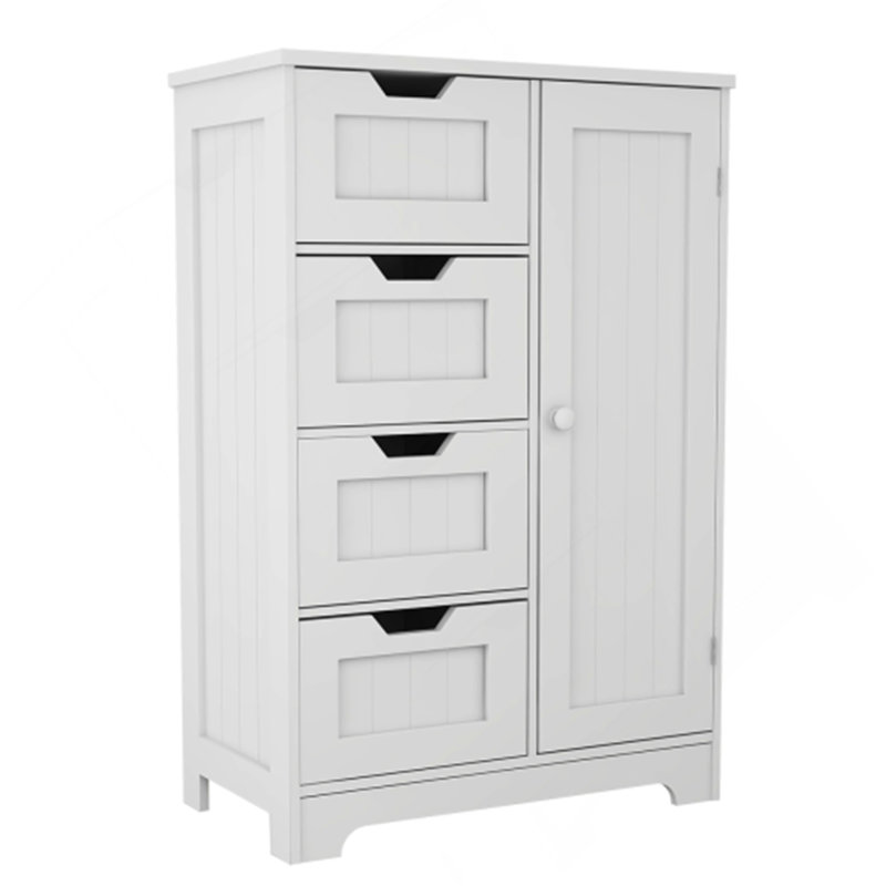 Armoire de rangement autoportante blanche avec tablettes réglables, 4 tiroirs et 1 porte
