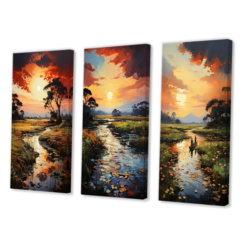 «Vietnam River Delta Sunset», 3 pièces sur toile, Toile tendue, H 32 po x l 48 po