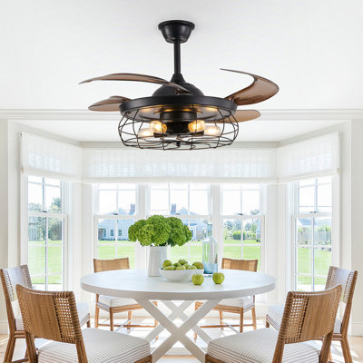 Ventilateur de plafond 48 po avec télécommande noire - ventilateur industriel à 4 pales avec cage et vitesse réglable pour le salon, la chambre à coucher ou le bureau (silencieux / 6 vitesses / réversible / moteur à courant continu) (ampoule non incluse)
